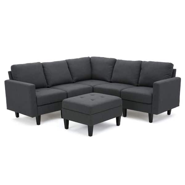 Noble House 32 in. Square Arm 6-Piece Polyester L-Shaped Sectional Sofa in Oxford Gray
