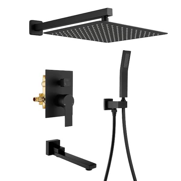 Inner Decor Ram Single-Handle 1-Spray 12 in. Wall Mount Rainfall Dual Shower Heads with Tub Faucet in Matte Black (Valve Included)