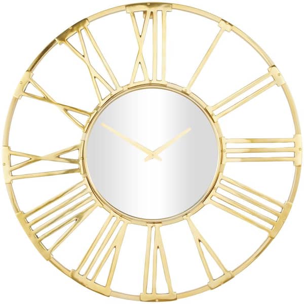 Litton Lane 35 in. x 35 in. Gold Aluminum Metal Open Frame Geometric Wall Clock with Mirrored Glass Center