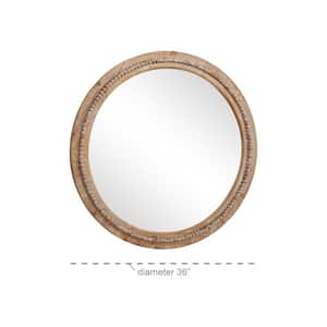 36 in. x 36 in. Distressed Round Framed Light Brown Wall Mirror with Beaded Detailing