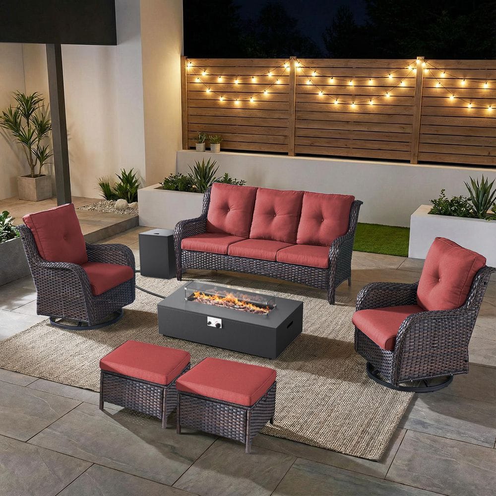 ArcLine 7-Piece Brown Wicker Fire Pit Conversation Set with Olefin Red Cushions and Couch/ Patio Swivel Chairs price history on PriceWatchPro