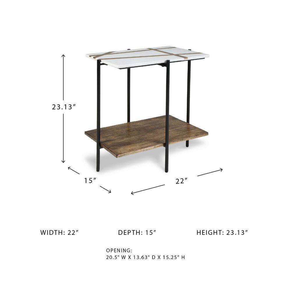 Braxmore 22 in. White/Brown Rectangle Marble End Table with Shelves - thumbnail 8
