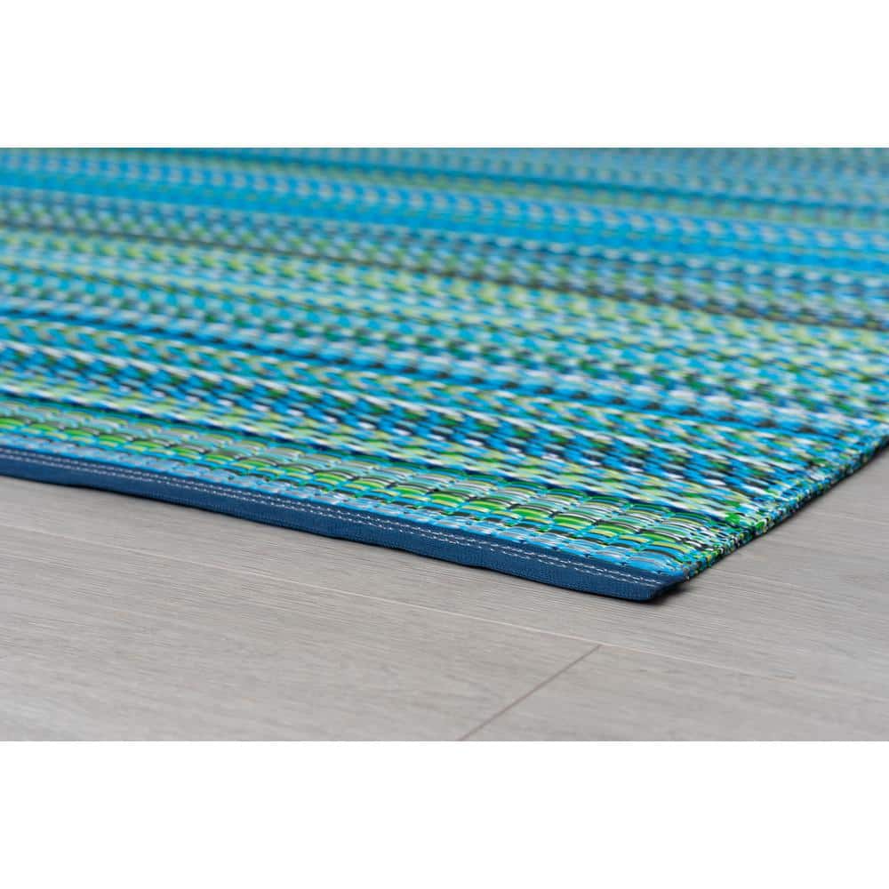 Aqua and Green Striped Synthetic 5' x 7' Outdoor Rug
