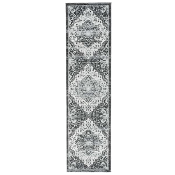 Amer Rugs Alexandria 2ft. 6in. x 10ft. 3in. Ivory/Gray Medallion Pattern Runner Rug for High Traffic Entryway Kitchen Hallway