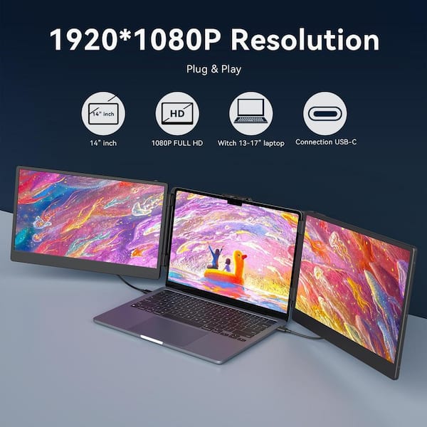 Lukyamzn 14 in. Triple Laptop Screen Extender, 1080P FHD USB C