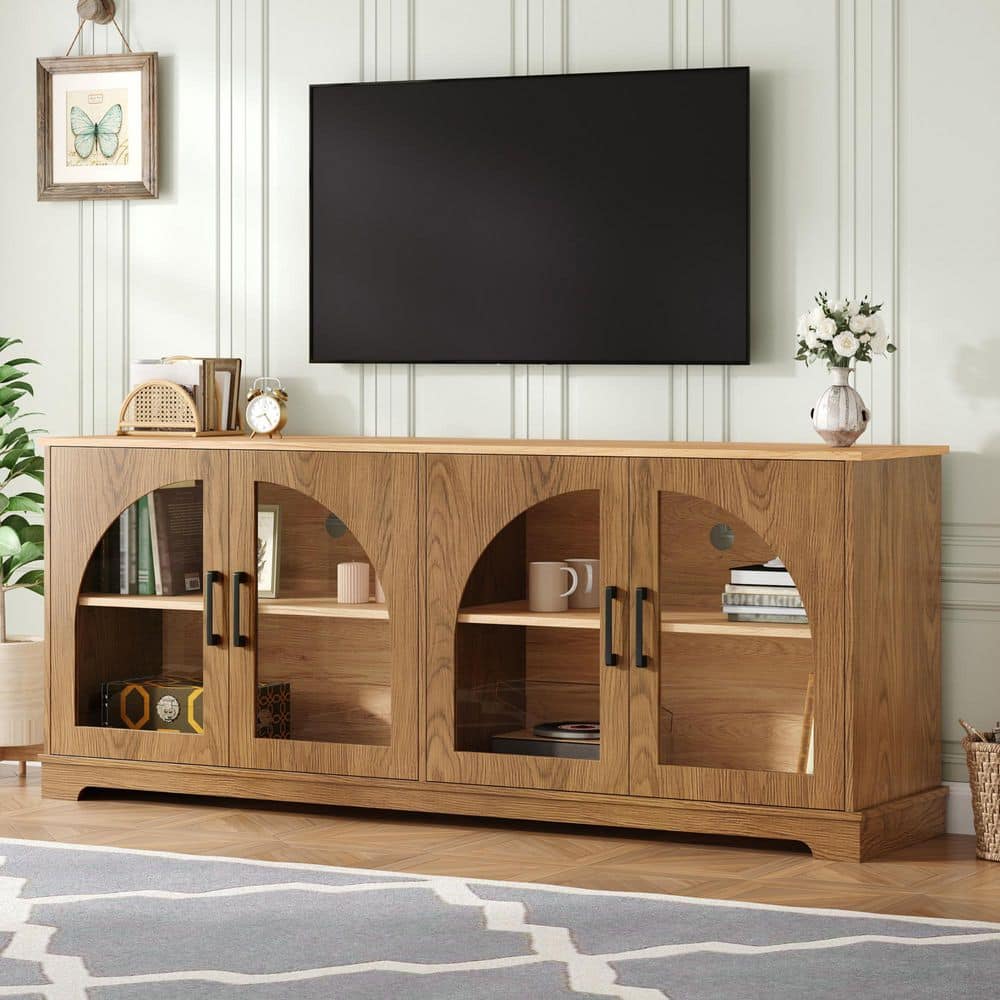 Farmhouse Brown Wood TV Stand Fits TV's up to 70 in. with Adjustable Shelves and 4 Semi-Arched Tempered Glass Doors