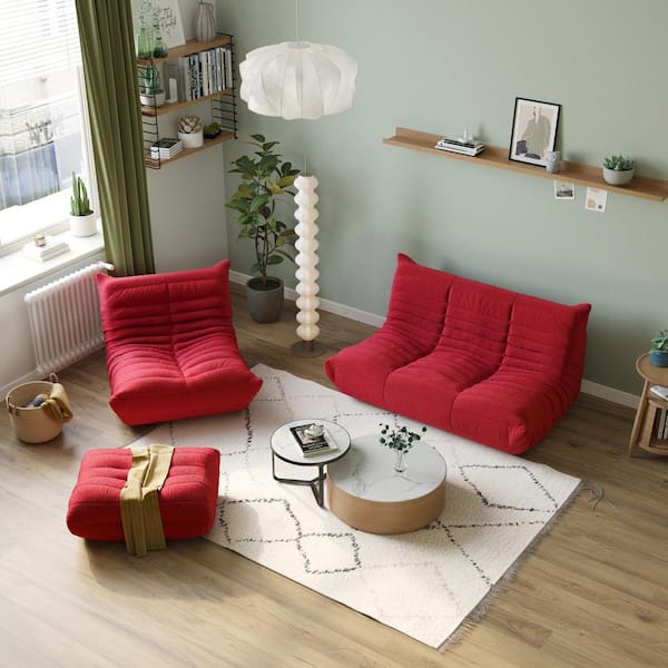 J&E Home 68.93 in. W Armless Teddy Velvet 3-piece Modular Lazy Floor Free combination Sectional Sofa with Ottoman in Red