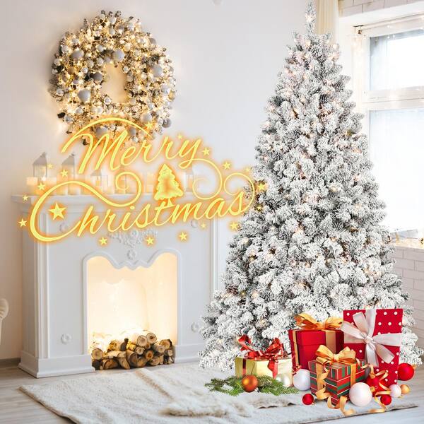 Unbranded - 8 ft. Snow-Flocked Artificial Christmas Tree with Pine Cones, Prelit Xmas Trees Garden Statue