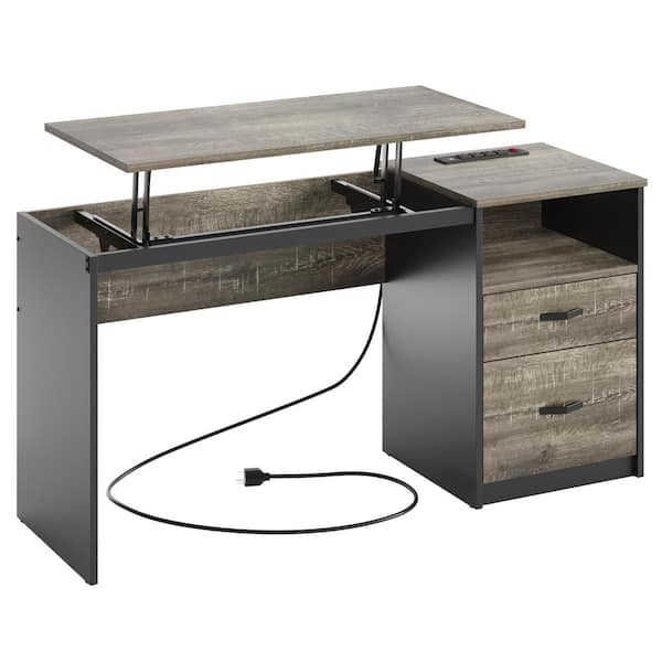 Bestier 59.84 in. Computer Desk with 2 Storage Drawers Power Outlet and Lift Top Retro Grey Oak Dark