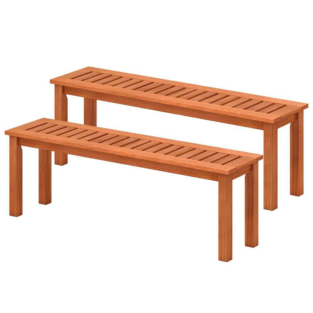 2 Pcs Teak Outdoor Solid Wood Bench Backless Dining Bench w/ Slatted Seat 47 in.