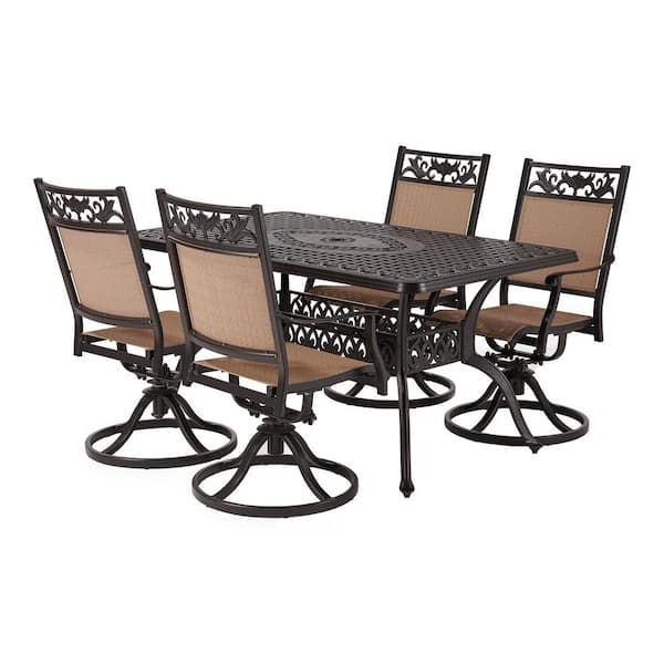 LAUREL CANYON Classic Dark Brown 5-Piece Cast Aluminum Rectangle Outdoor Dining Set with Table and Swivel Dining Chairs