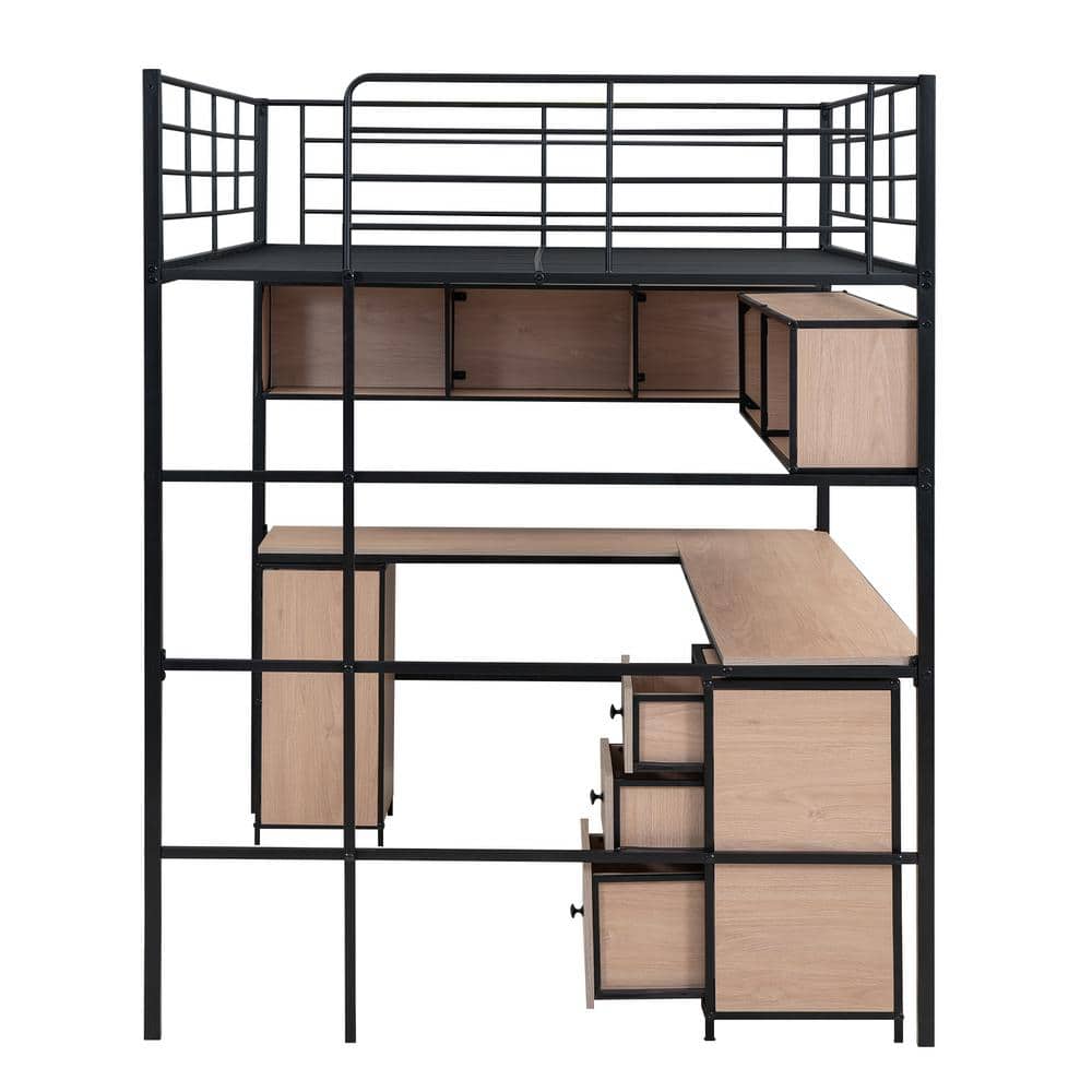 Black Metal Full Loft Bed with Bookcase and Desk