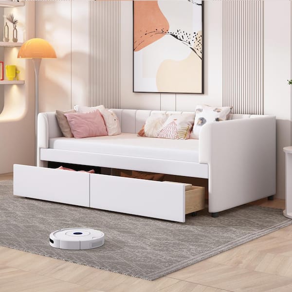 Harper & Bright Designs Beige Wood Twin Size Velvet Upholstered Daybed with Ergonomic Design Backrest and 2-Drawers