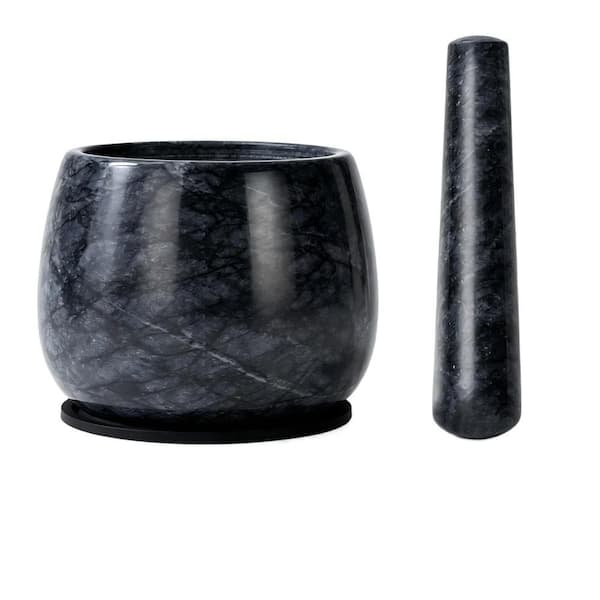 Black Polished Marble Mortar and Pestle Set, 360ml Heavy Duty Guacamole Grinder for Spices Herbs Garlic Nuts, 1.5 Cup