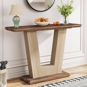 Turrella 41.34 in. Brown Rectangle Wood Console Table Farmhouse Entryway Table with Geometric Base for Entryway