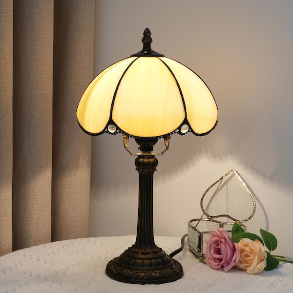 14 in. Tiffany Style Bronze Finish Table Lamp with Beige Stained Glass Lamp Shade