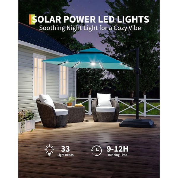 blue offset patio umbrella with solar lights Best Choice Products 10ft LED Cantilever Hanging Market Umbrella, 8 Sturdy Ribs, Easy Adjustment Its high 10ft Cantilever Umbrella with Solar
