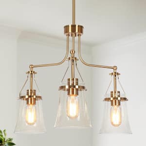 Modern 3-Light Plating Brass Island Chandelier for Foyer with Bell Seeded Glass Shades and No Bulbs Included