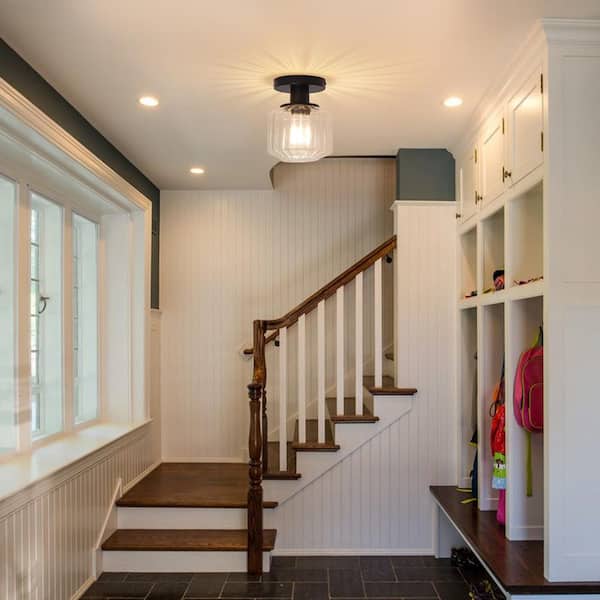 5.9 in. 1-Light Matte Black Semi-Flush Mount Ceiling Light with Clear Glass Shade