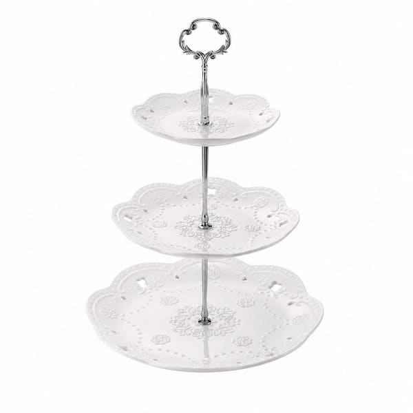 3-Tier White Porcelain Cake Stand with Embossed Design for Tea Party, Wedding and Birthday Pastry Display