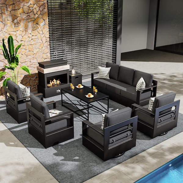 7-Piece Fire Pit Patio Set Wicker Outdoor Patio Conversation Set with Coffee Table and Thick Gray Cushions