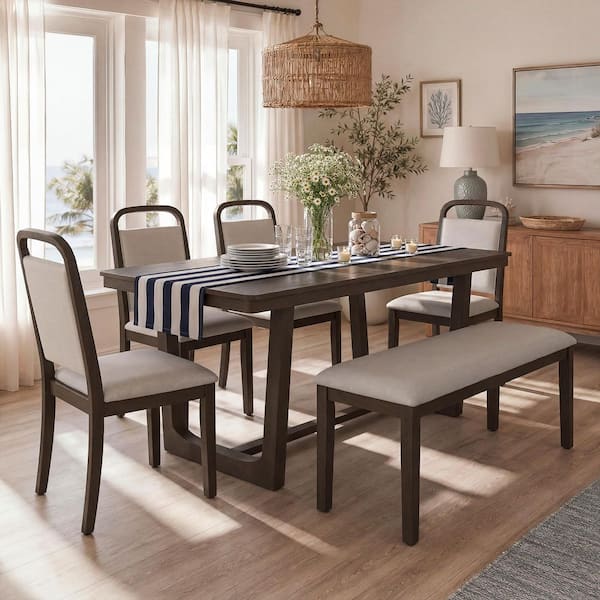6-Piece Rectangular Brown Wood Top Dining Room Set Seats 5 with 4 Upholstered Chairs & 1 Bench