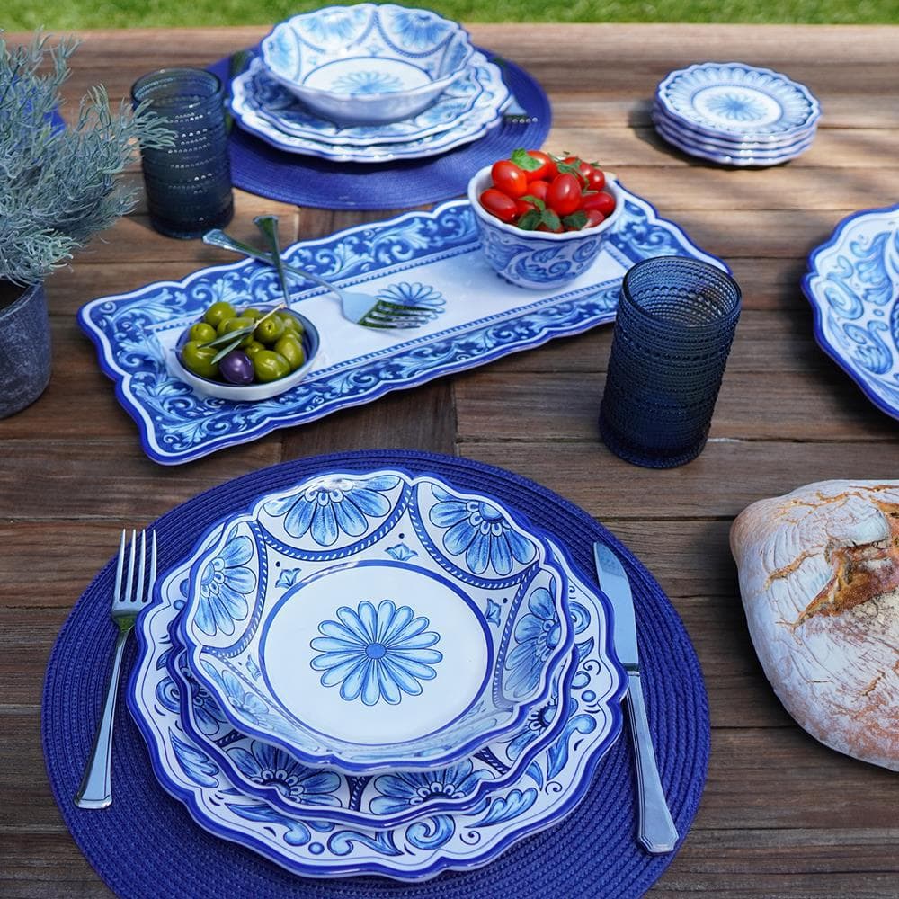 Blue and White Floral Melamine Dinnerware Set, Service for 4