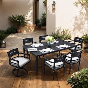 7-Piece Ember Black Aluminum Outdoor Dining Set with White Cushions, 4 Dining Chairs, 2 Swivel Rockers, Dining Table