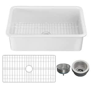 Kitchen Sink 32 in. Drop-In/Undermount Single Bowl White Fireclay with Bottom Grid and Basket Strainer