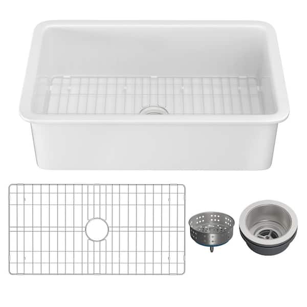 INNOBULE Kitchen Sink 32 in. Drop-In/Undermount Single Bowl White Fireclay with Bottom Grid and Basket Strainer