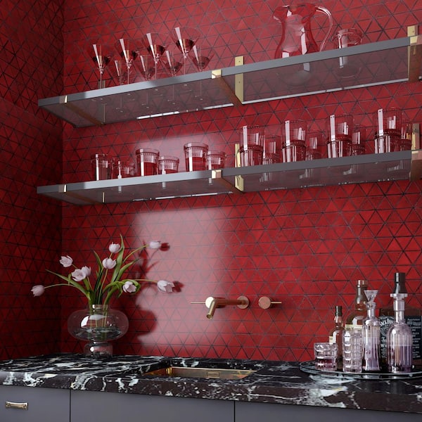 Williamsburg Red 5 in. x 0.39 in. Triangle Glossy Lava Stone Mosaic Floor and Wall Tile Sample