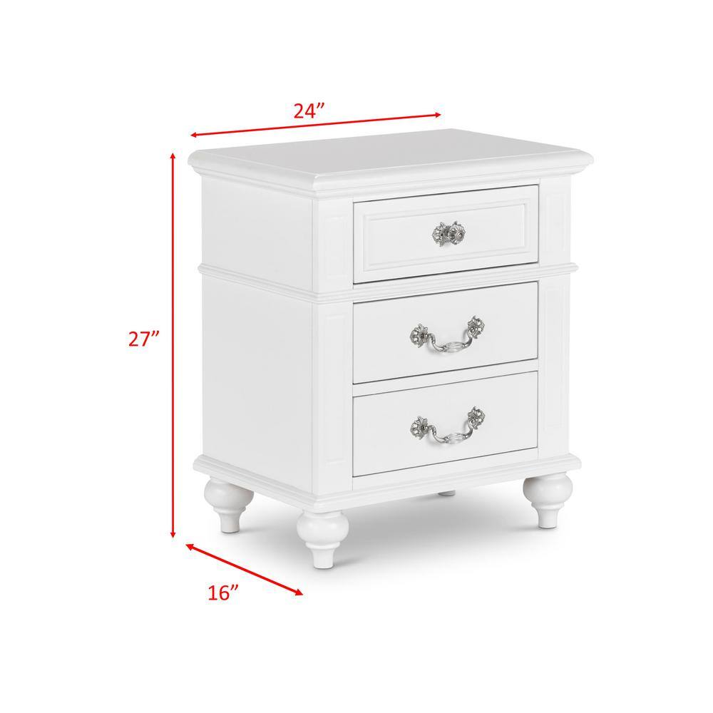 Charming French Country 3-Drawer White Nightstand with Crystal Knobs