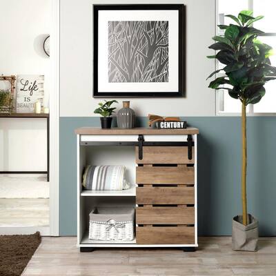 Brown and White Freestanding Storage Cabinets Sideboard with Sliding Door
