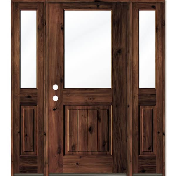 Krosswood Doors 64 in. x 80 in. Rustic Alder Wood Clear Half-Lite Red Mahogony Stain w.VG Right Hand Single Prehung Front Door/Sidelites