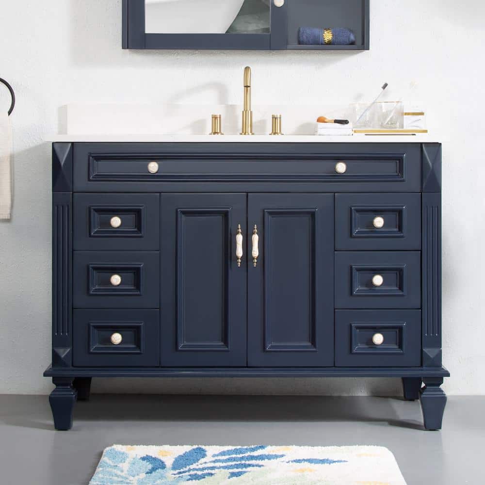 48 in. W Single Sink Freestanding Solid Wood Bath Vanity in Navy Blue with Carrera White Top Fully Assembled price history on PriceWatchPro