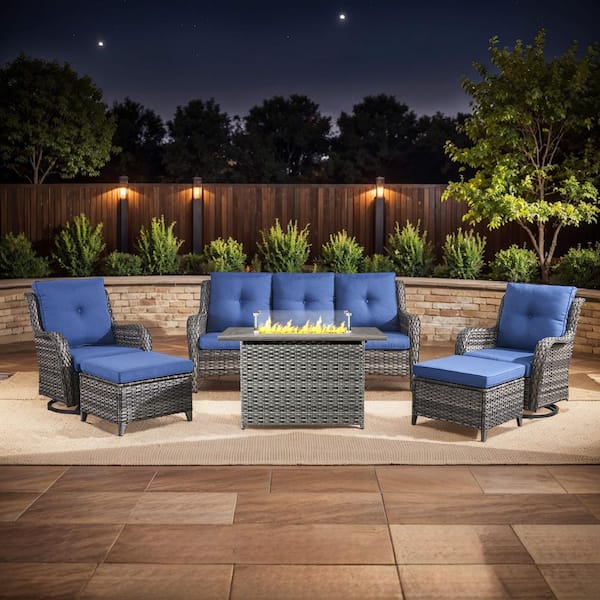 moosprr Arcline 6-Piece Gray Wicker Fire Pit Conversation Set with Olefin Blue Cushions and Swivel Glider Rocking Chairs/Couch