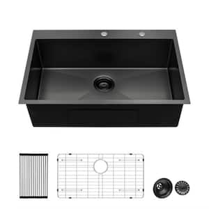 Gunmetal Black 16-Gauge 28 in. L Single Bowl Corner Drop in Workstation Kitchen Sink with Faucet