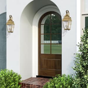 Millstone 28 in. 3-Light Antique Brass Outdoor Hardwired Wall Lantern Sconce with No Bulbs Included