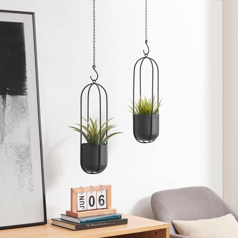 Modern Black Metal Oval Wall Hanging Planter Set