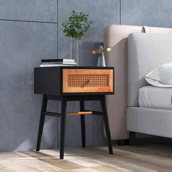 ANGELES HOME 15 in. W Modern Bedside Table Nightstand with Solid Wood Legs,Drawer,Black