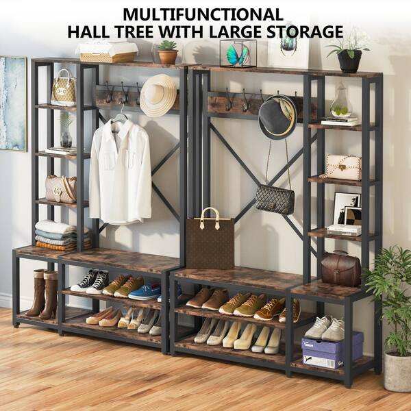 Tribesigns Hiers Brown Wood 4-in-1 5-Hooks Entryway Hall