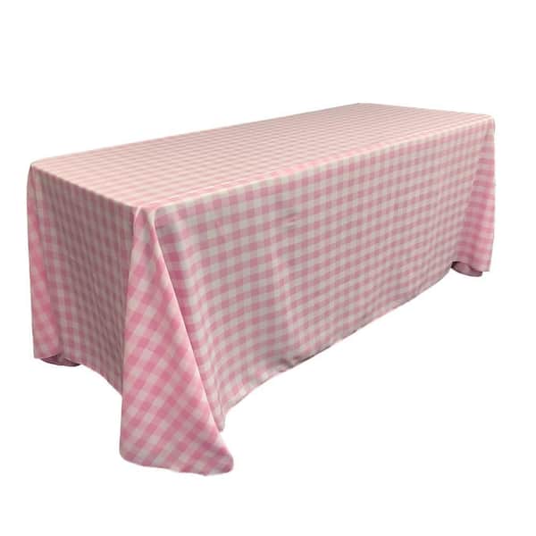 "90 in. x 132 in. White and Pink Polyester Gingham Checkered Rectangular Tablecloth"