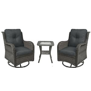 Wicker Taupe Patio Swivel Outdoor Rocking Chair Set with Dark Gray Cushions and Table (Set of 2)