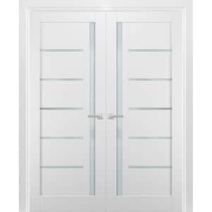 72 in. x 96 in. Universal Frosted Glass Solid MDF White Finished Pine Wood Double Prehung French Door with Hardware
