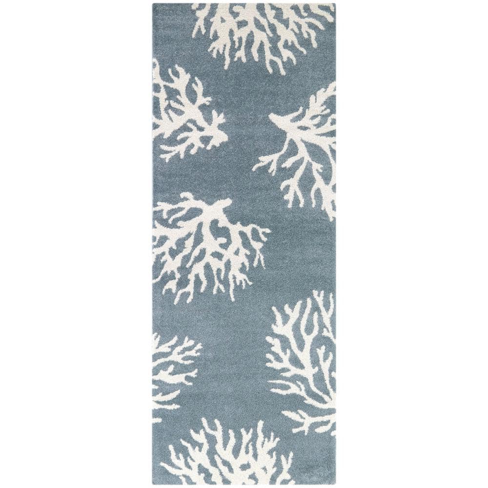 Light Blue and White Coral Print Washable Runner Rug