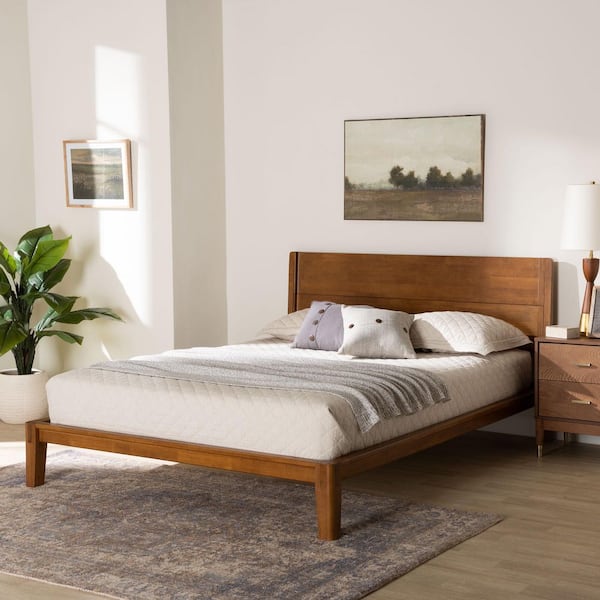 Aldith Walnut Brown Wood Frame Queen Platform Bed with Tool-Free Assembly