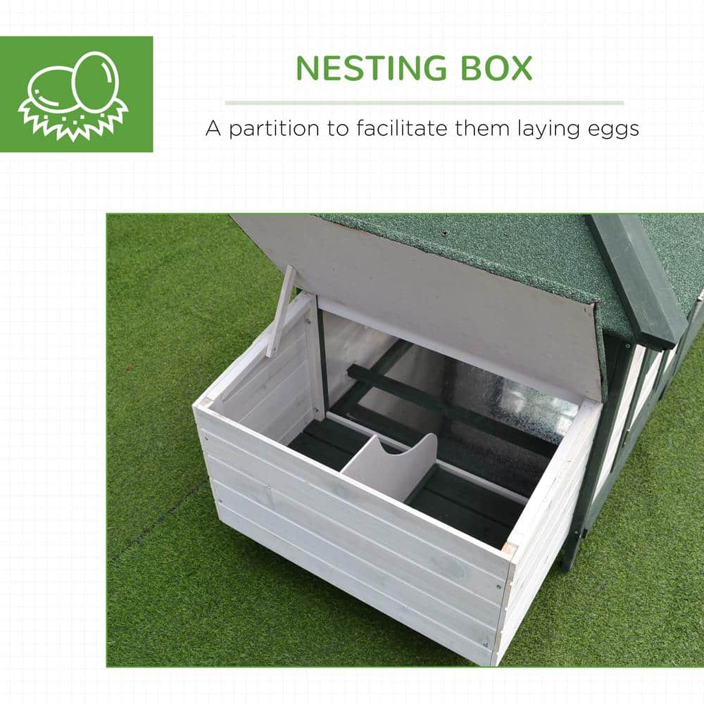 Green and White Wooden Chicken Coop with Nesting Box and Run