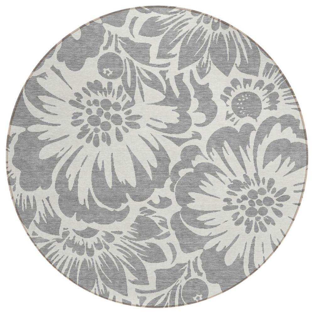 Gray and Ivory 8 ft. Round Woven Floral Round Indoor/Outdoor Area Rug price history on PriceWatchPro