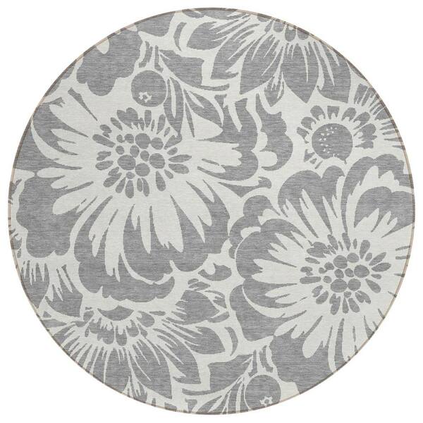 8' Round Gray And Ivory Round Floral Indoor Outdoor Area Rug 8' Round Gray And Ivory Round Floral Indoor Outdoor Area Rug