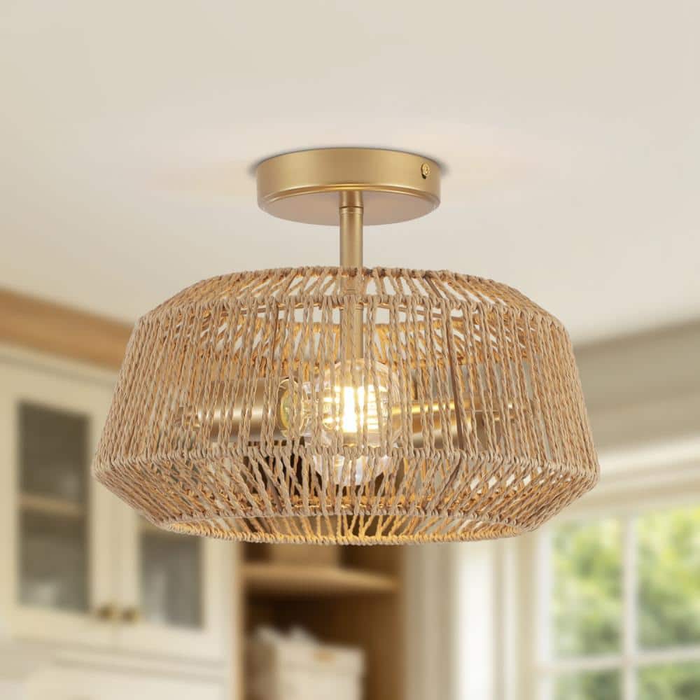12.6 in. 2-Light Yellow Boho Hand-Woven Paper Rope Rattan Style Semi Flush Mount Ceiling Light Farmhouse Fixture price history on PriceWatchPro